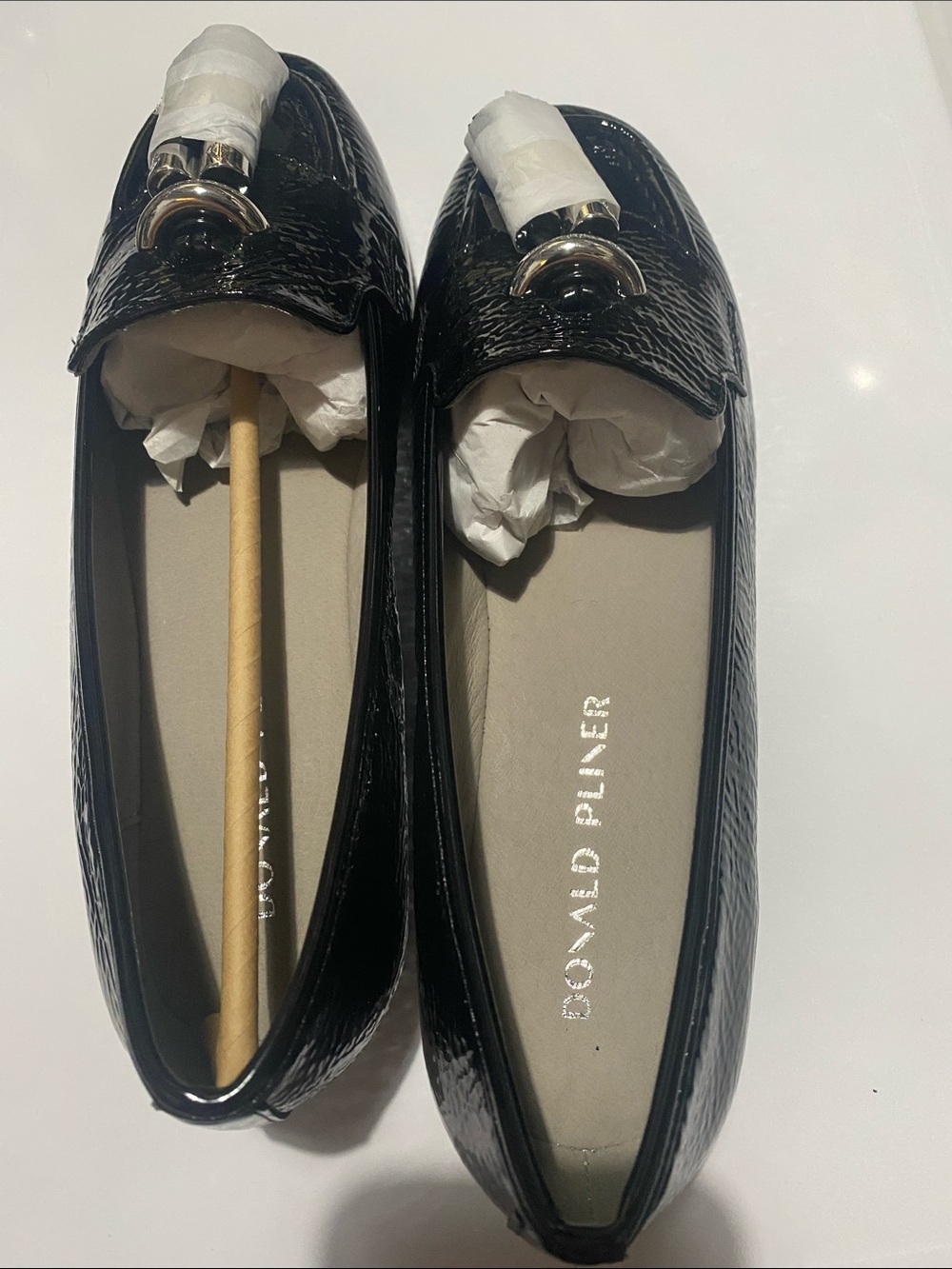 Donald J. Pliner Black Patent Leather Loafers with Gold Bit